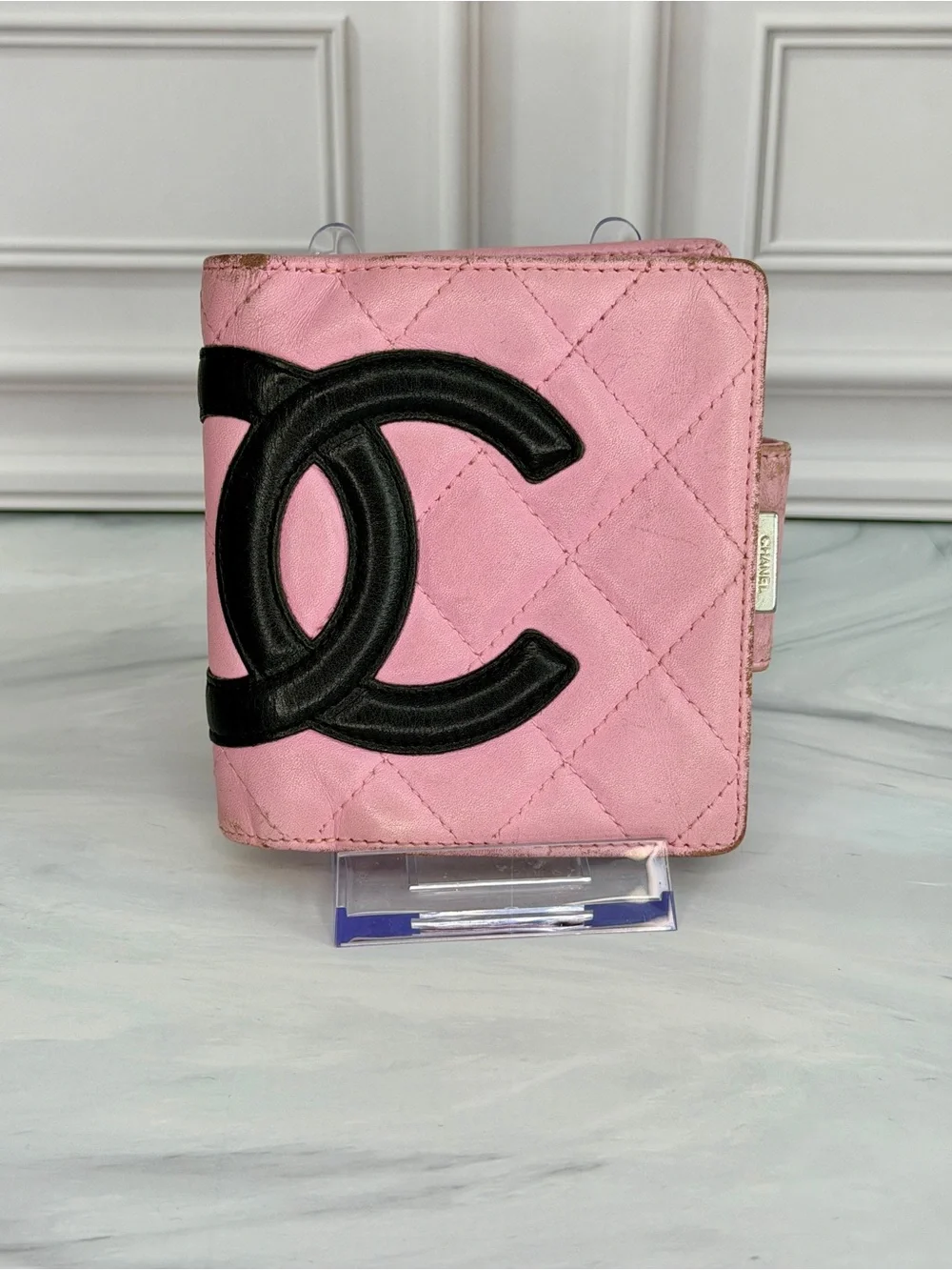 CHANEL Cambon Ligne Quilted Lambskin Bifold Wallet Pink & Black Full Inclusion